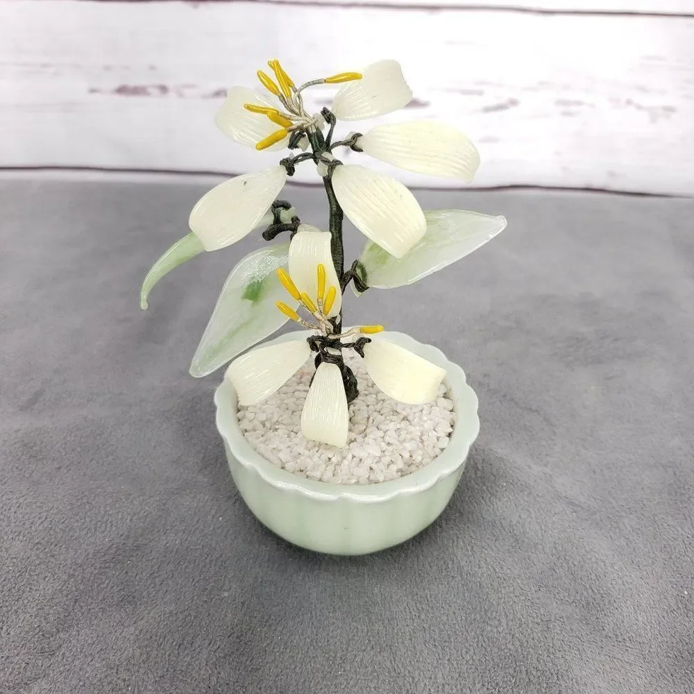 Taiwanese Spinach Jade & Semi Precious Gems Bonsai Tree, Vintage Bonsai Tree, Fl
